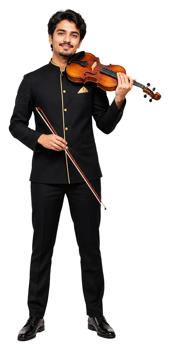 Real musician holding a violin and bow