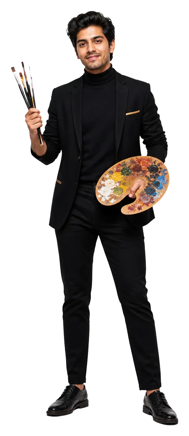 Real painter holding brushes and an artist palette