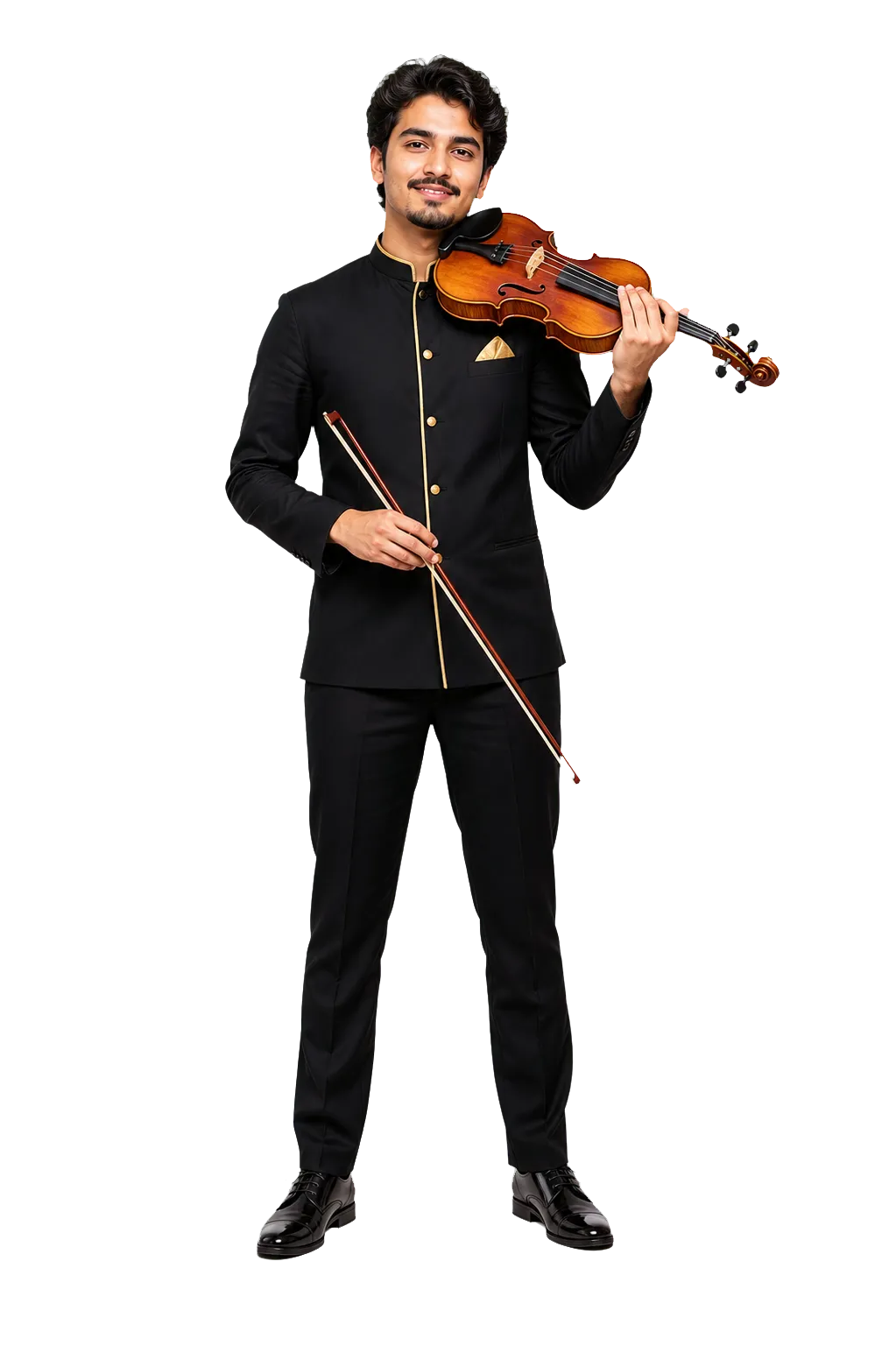 Real musician holding a violin and bow
